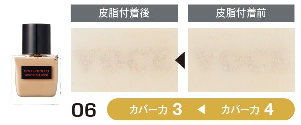 06：シュウ ウエムラ／皮脂付着前（カバー力4）→皮脂付着後（カバー力3）