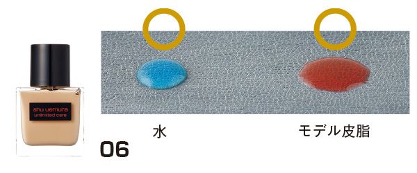 06：シュウ ウエムラ／水とモデル皮脂のはじき具合