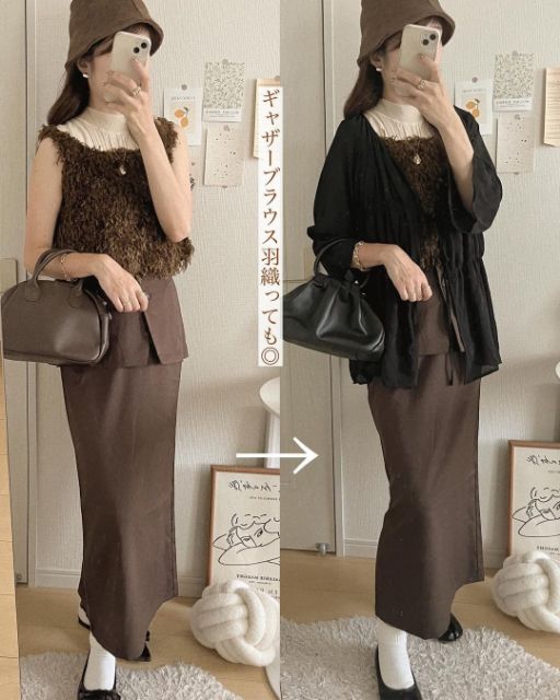 ブラウスとYUMTPUペプラムS90をセットで着たコーデ