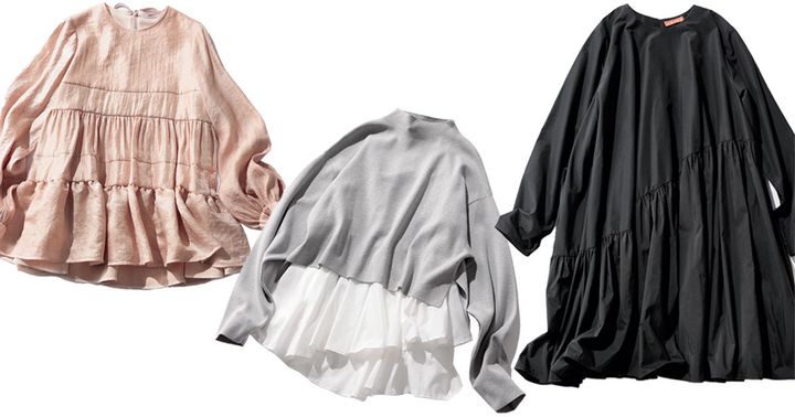 yoriのピンクのティアードトップスとエレンディークのコンビトップスとアミカのモロッコドレス