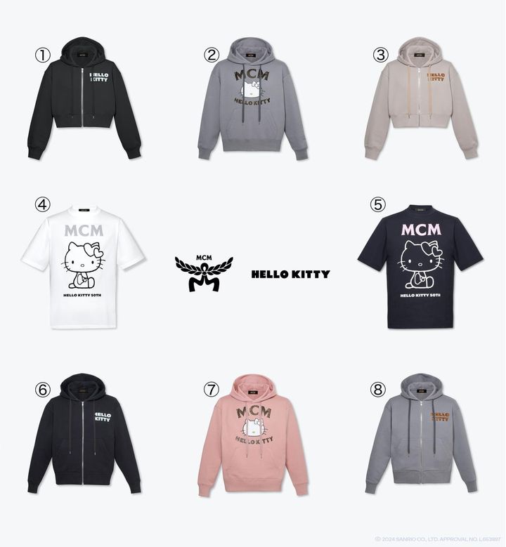 画像: （1）（3）「MCM × HELLO KITTY PRINT CROPPED ZIP HOODIE」各￥61,600、（2）（7）「MCM × HELLO KITTY PRINT HOODIE」各￥58,300、（4）（5）「MCM × HELLO KITTY PRINT T-SHIRT」各￥29,700、（6）（8）「MCM × HELLO KITTY PRINT ZIP HOODIE」各￥64,900 出典：MCM