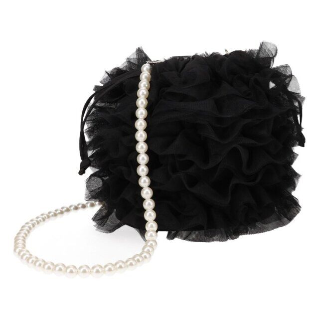 2024秋冬しまむらコラボ女性高見え黒巾着チュールショルダーバッグ