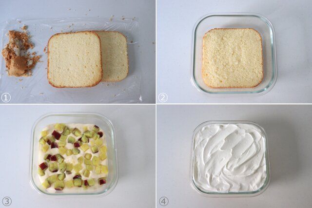 仕上げ スポンジ生地 カスタードクリーム さつまいもの甘煮 生クリーム 入れる