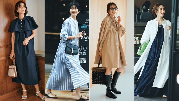シャツワンピコーデを４つコラージュした写真