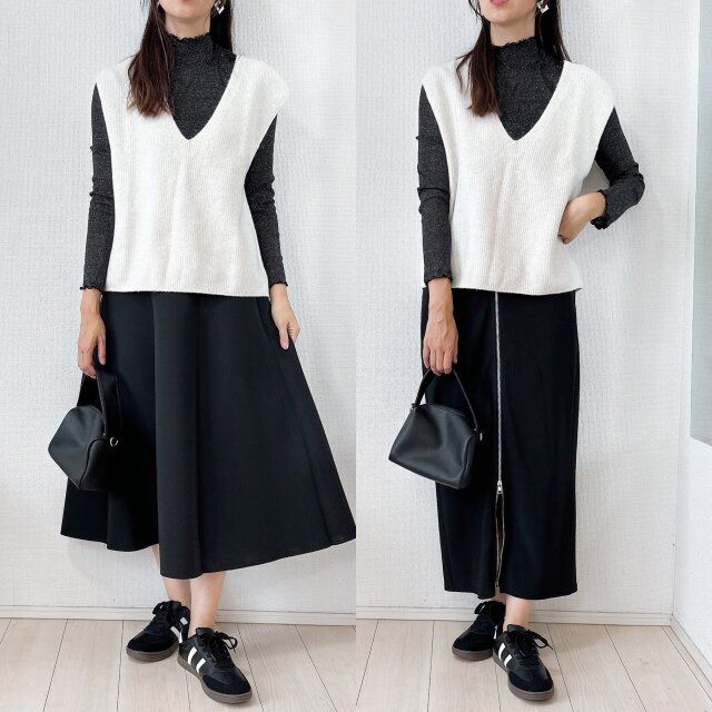ユニクロ3DスフレヤーンVネックベストのスカートOKNGコーデ
