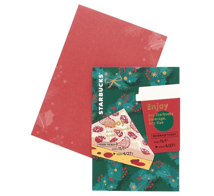 「ホリデー2024フード&ビバレッジカード」1100円 【ドリンク引換有効期間】2024年11月1日（金）～2025年4月27日（日） 【ドリンク交換チケット】700円（店内利用）、687円（持ち帰り）までのドリンクと交換可能 【フード交換チケット】506円（店内利用）、496円（持ち帰り）までのフードと交換可能