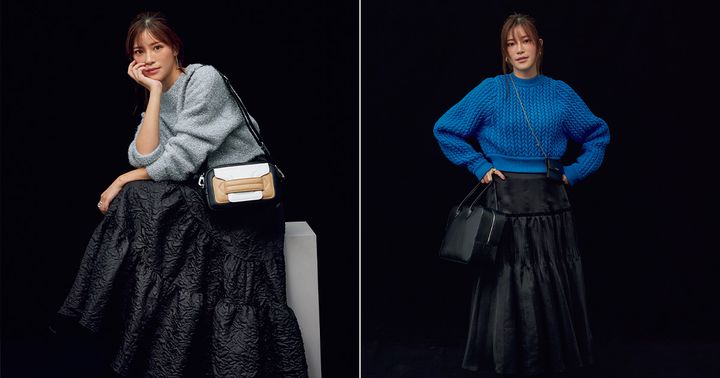 短丈ニットと黒のフレアスカートのワンツーコーデ