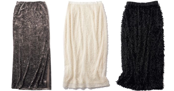 ベロアやフェザー素材のストレスフリーなタイトスカート