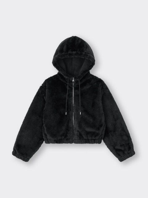 2024秋冬gu女性黒ファーリーフーディジャケット