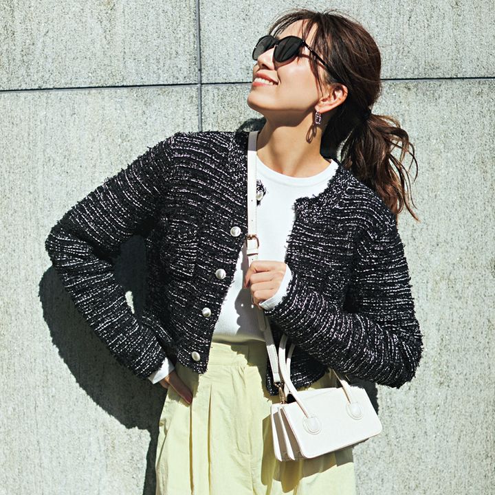 ツイードカーデ×パンツコーデの東原亜希さん