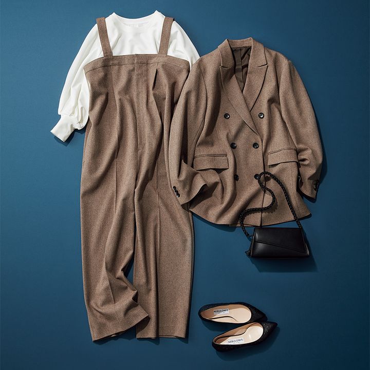 ネットで買えるロネルのブラウンのサスペンダーパンツとジャケットのセットアップ