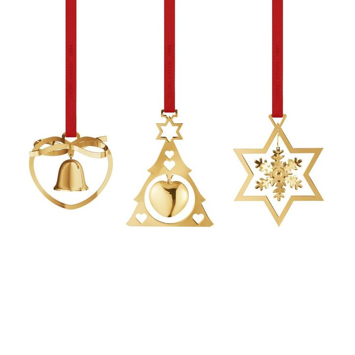 復刻版オーナメント3点セット。ステンレススチール、18KTゴールドメッキ ¥11,550。銀座本店、オフィシャルオンラインストア、日本橋三越ポップアップ限定で販売