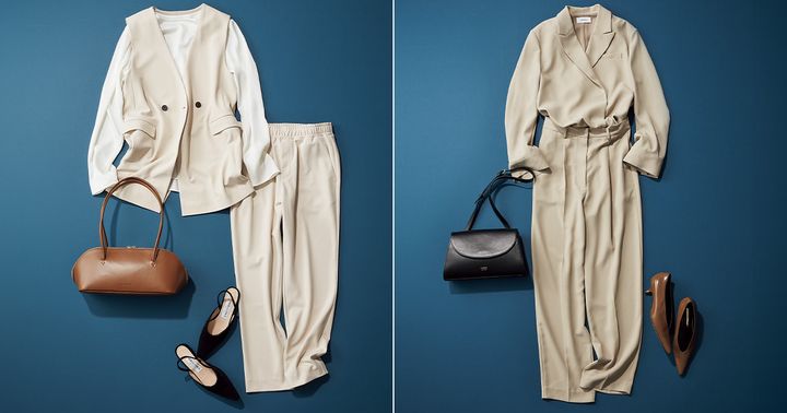 ハレの日以後も着回しやすい白系ジレのセットアップとベージュのオールインワン