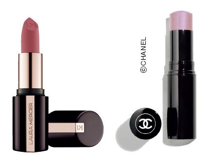右：ボーム エサンシエル リラ ￥7,040（シャネル） 左：シックなモーヴピンク。キャビア リップスティック 750 ￥5,500（ローラ メルシエ ジャパン）