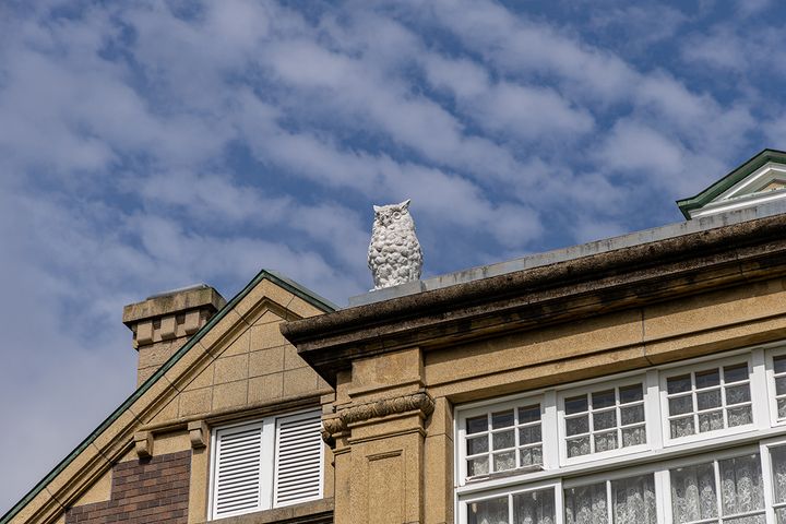 中庭から館を見ると屋根にミミズクの姿が。これは鳩山家の理念である「友愛」精神の象徴で、館の至る所に配置されているそう