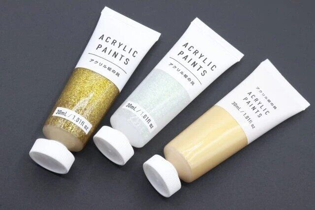 ダイソー アクリル絵の具（30mL、グリッターゴールドカラー） アクリル絵の具（30mL、グリッタークリスタル） アクリル絵の具（30mL、メタリックゴールドカラー）