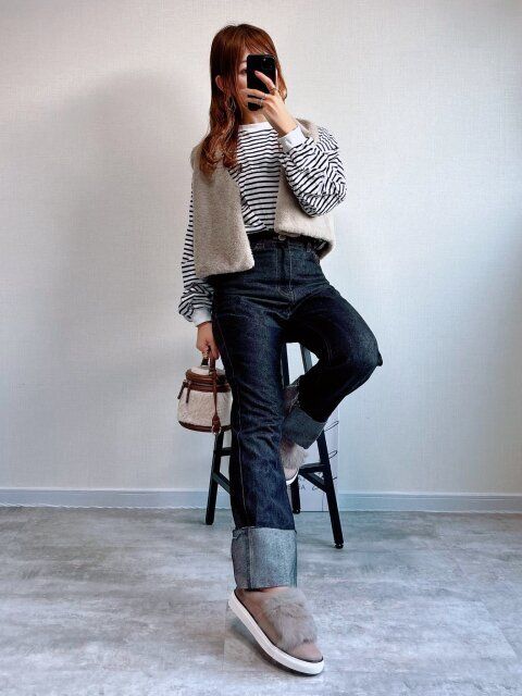 COCA フェイクファーベスト ボーダーと合わせる