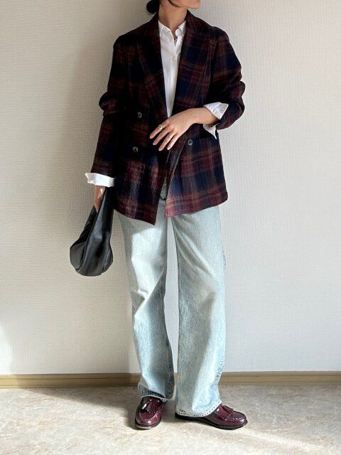 ユニクロ レーヨンブラウス チェックジャケットで季節感をプラス