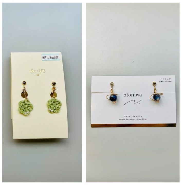 「ゆいまる」の水引イヤリングと、「ゆいまる」の水引イヤリング