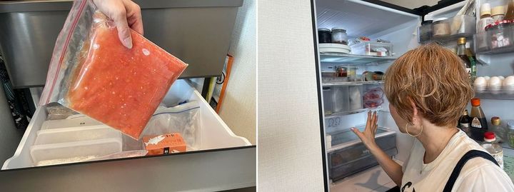 （左）スープなどは薄く固めて、縦に収納 （右）冷蔵庫をいかに省スペース収納でスッキリさせるかなど、さまざまな片付け術を発信中の西崎さん。