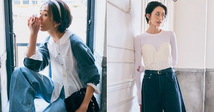 デニムにバレエコアなトップスや小物を合わせた着こなし