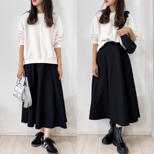 ユニクロ スウェットシャツ OFF WHITE フレアスカート合わせ