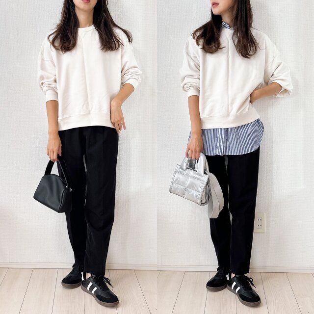 ユニクロ スウェットシャツ OFF WHITE テーパードパンツ合わせ