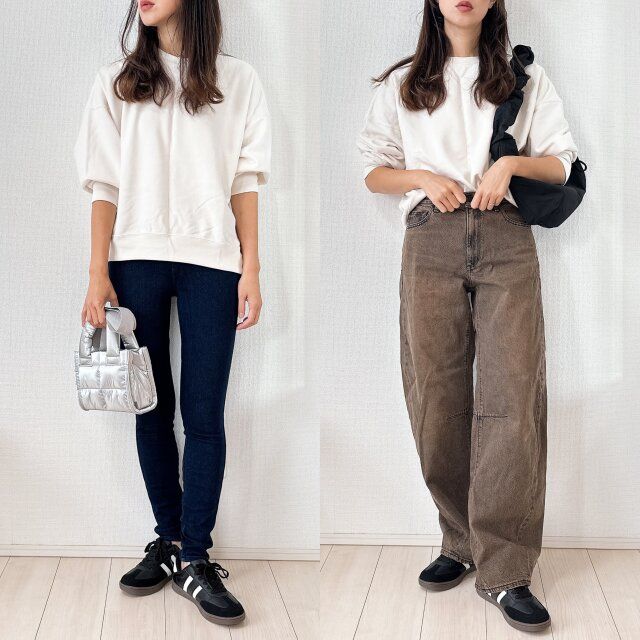 ユニクロ スウェットシャツ OFF WHITE ワイドパンツ合わせ