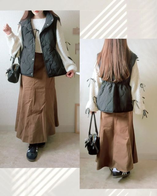 Wシャーリングキルトベストを着たコーデ