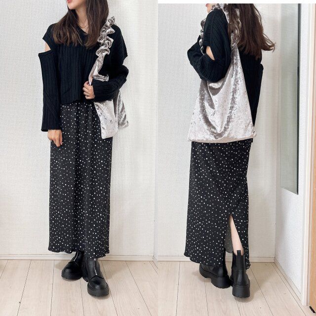 しまむら スエードガラプリーツSK ブラックでまとめて辛口コーデ