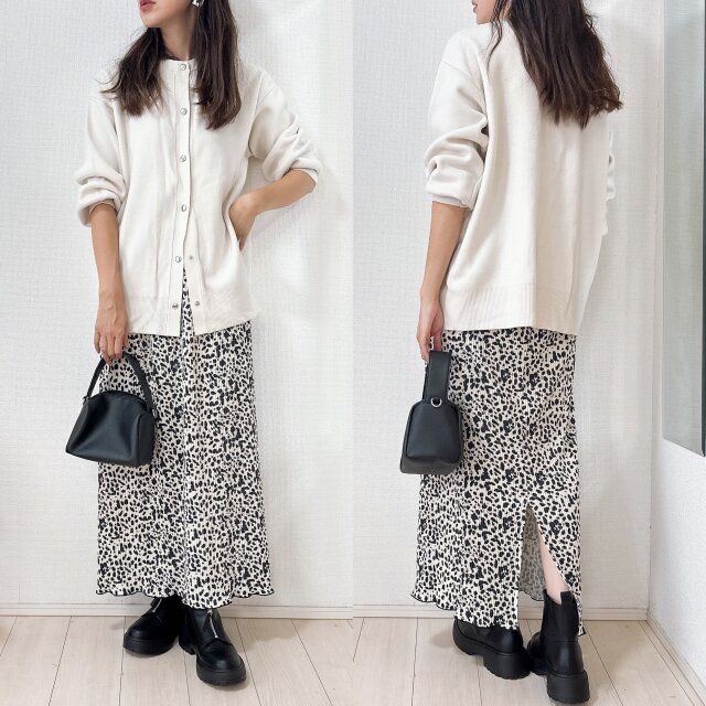 しまむら スエードガラプリーツSK カーディガンでインしないコーデ