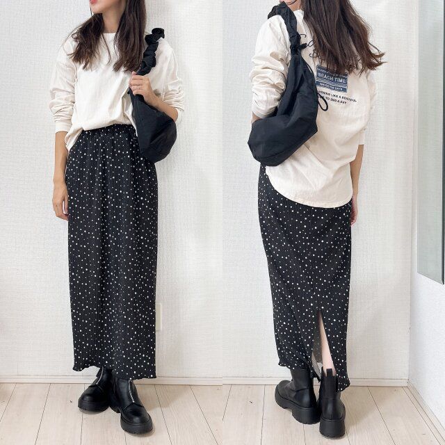 しまむら スエードガラプリーツSK ロンT合わせでカジュアル