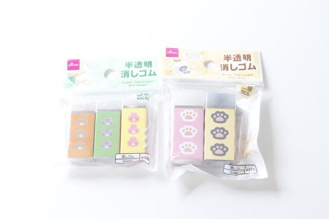 ダイソー 消しゴム（半透明、デザイン、3個） 消しゴム（半透明、デザイン、2個） パッケージ