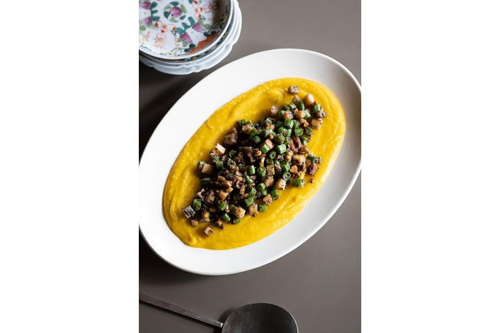 かぼちゃの甘味が野菜を美味しくする“かぼちゃピュレに秋野菜のソテーのせ”