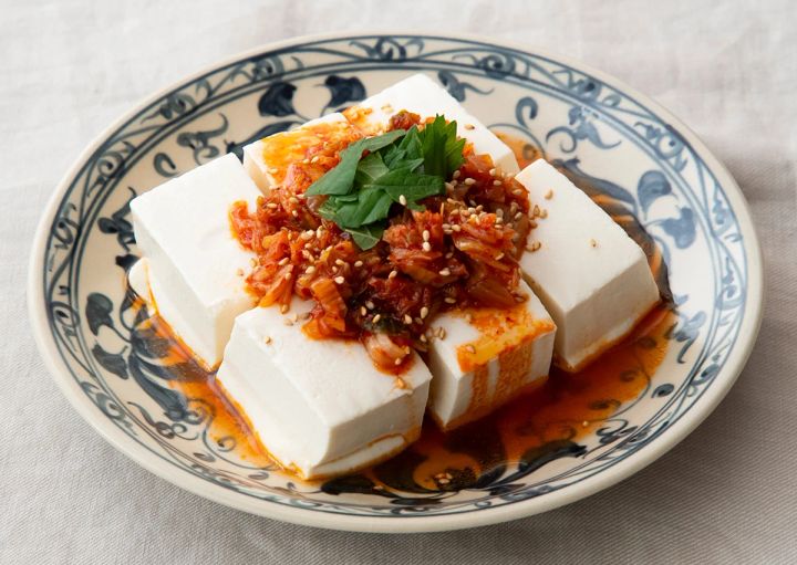 レンジ蒸し豆腐のキムチだれ