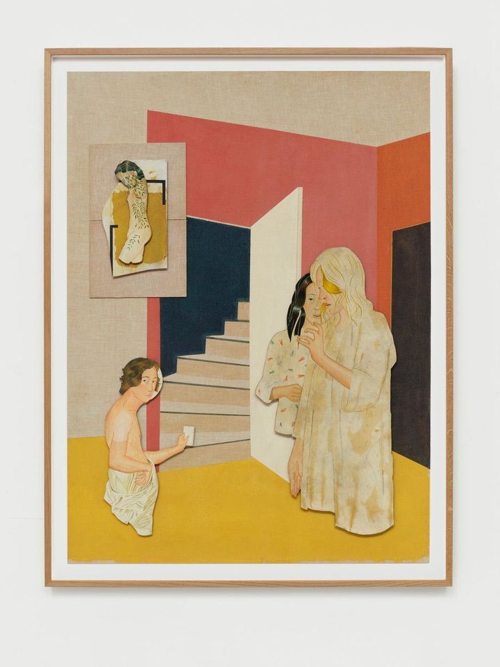 Jens Fänge Parlour, 2024 Oil, vinyl, inks, fabric, panel Framed _ 132 x 100 cm | 51 15/16 x 39 3/8 inches Photo by Carl Henrik Tillberg Courtesy of the artist and Perrotin