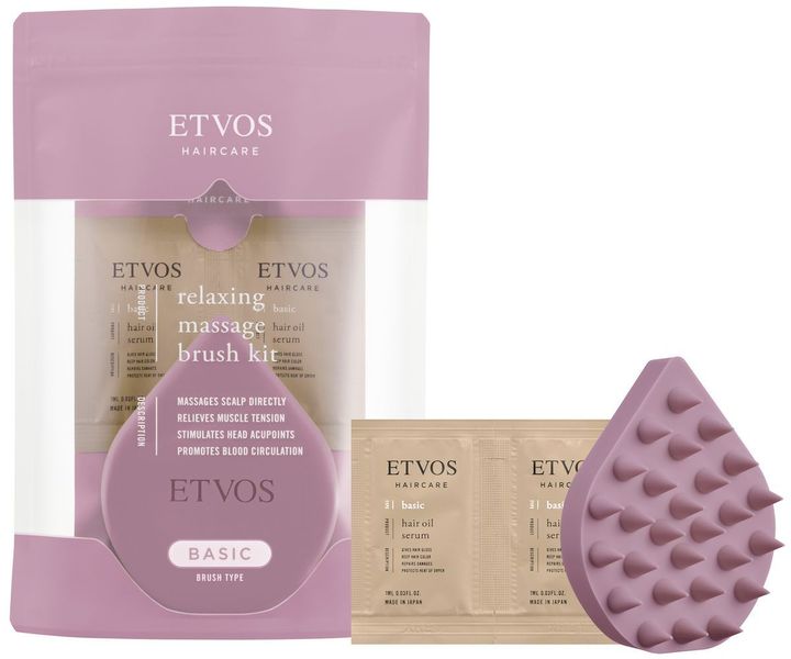 リラクシングマッサージブラシキット カシス ￥1,925 ※セット内容／リラクシングマッサージブラシ、ヘアオイルセラム サンプルパウチ 1ml×2包