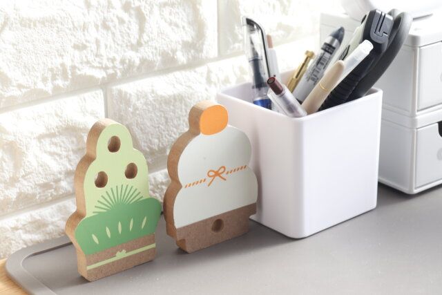 ダイソー ウッドオブジェ（新春、ナチュラル） 鏡餅 門松 使用例