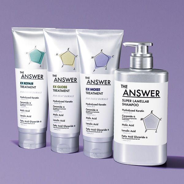 【左】ヘアトリートメント EXリペア 【左中】ヘアトリートメント EXグロス 【右中】ヘアトリートメント EXモイスト 【右】スーパーラメラシャンプー