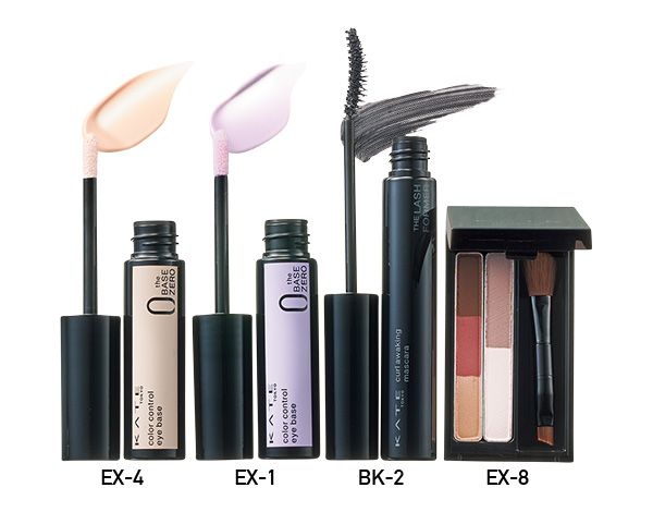 【左】カラーコントロールアイベース 【中】カールアウェイキングマスカラ 【右】デザイニングアイブロウ3D（デュアルコントゥアカラー）