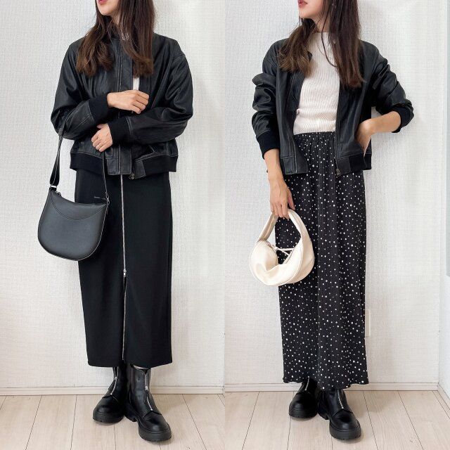 GU レザータッチブルゾン 辛口よりもちょい甘めに合わせるとOK