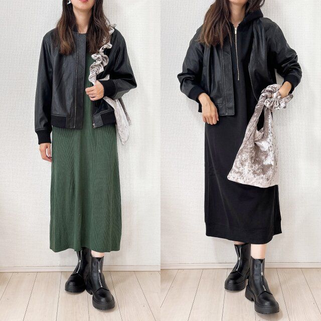 GU レザータッチブルゾン リブワンピよりスウェットワンピが可愛い