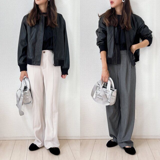 GU レザータッチブルゾン パンツ合わせはワイドが今っぽい