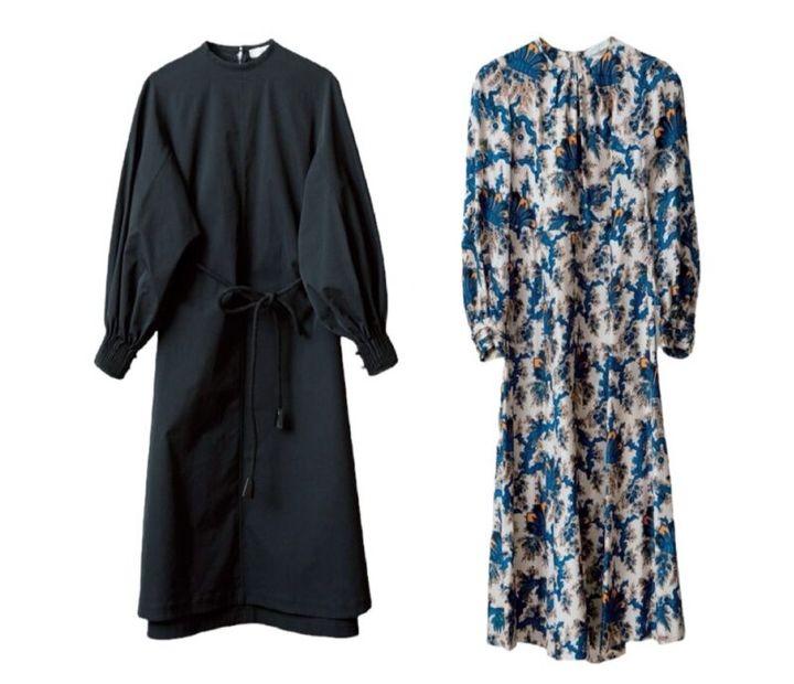 スタイリスト宮澤敬子さん私服 ハイクの黒ワンピ、サンドロの柄ワンピ