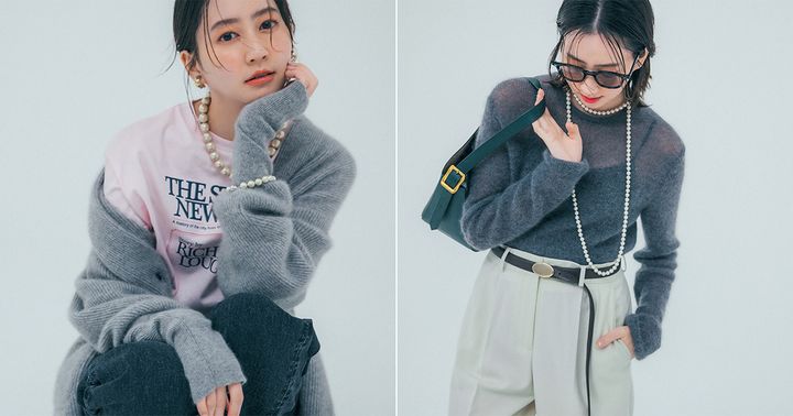 今年っぽくグレーニットを着こなす河北麻友子さん