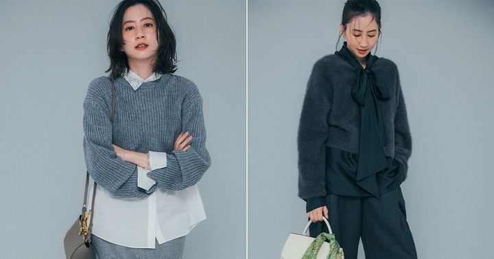 グレーのワントーンコーデを着こなす河北麻友子さん