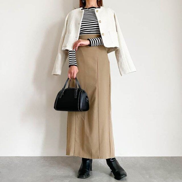 coca アンゴラタッチボートネックニットトップス タイトスカート合わせ