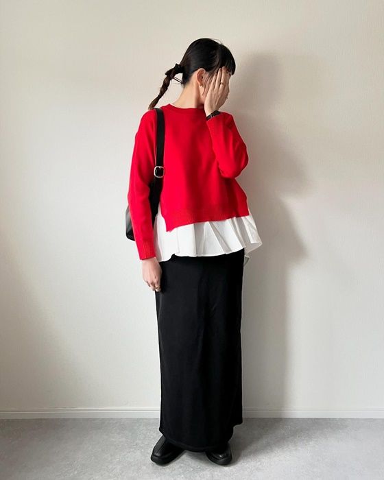 ニットレイヤードプルオーバー×GUのブラックの「ヘビーウェイトスウェットナロースカート」