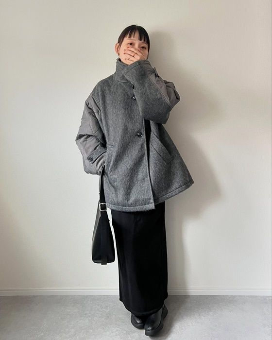 シャギー×キルト切替スタンドネックコート×GUのブラックの「ヘビーウェイトスウェットナロースカート」