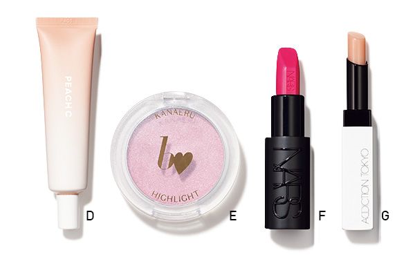 【D】ピーチC ベージュグロウメイクアップベース 【E】ビーアイドル 叶えるハイライト 【F】エクスプリシット リップスティック 【G】ザ リップバーム グロウティント
